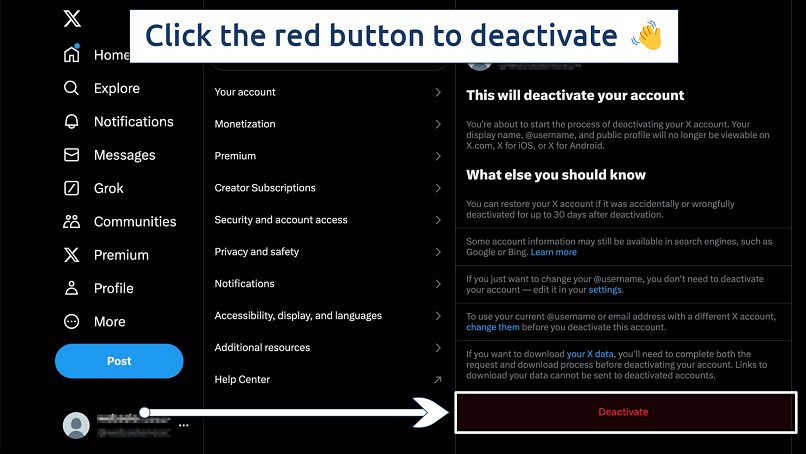 Screenshot showing how to Deactivate your account on X