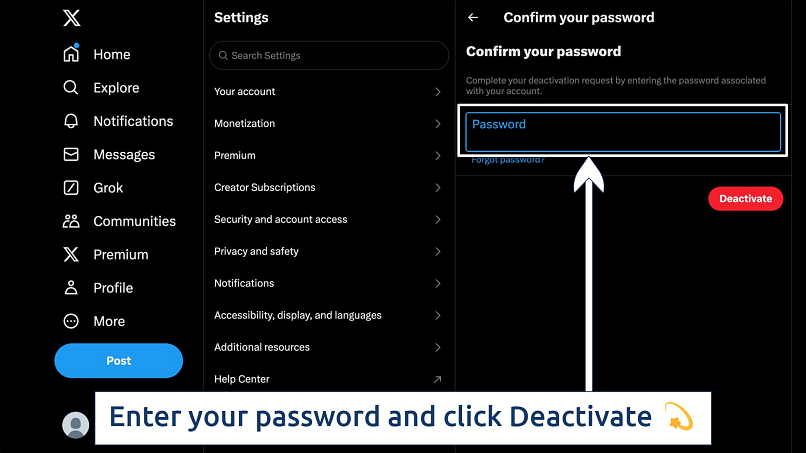 Screenshot showing where to enter your password to deactivate your X account