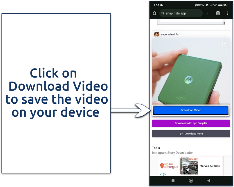 Screenshot of the Snapinsta video download page