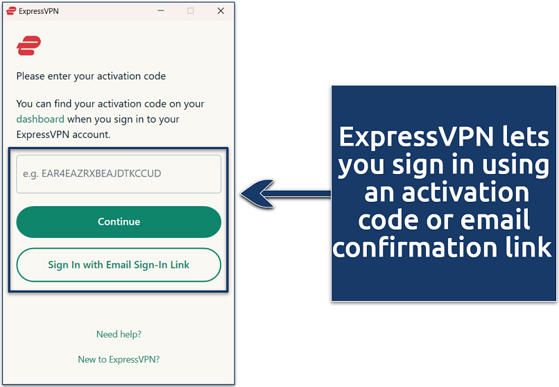 Screenshot of the ExpressVPN Windows app sign in page