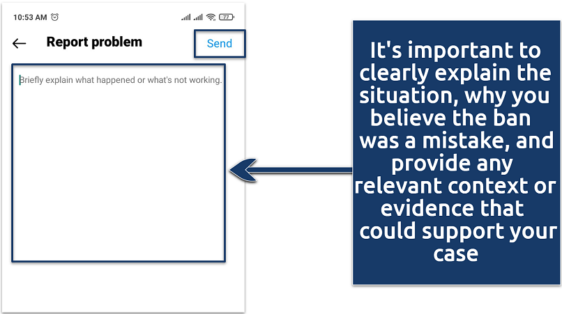 A screenshot of the Instagram report problem feature