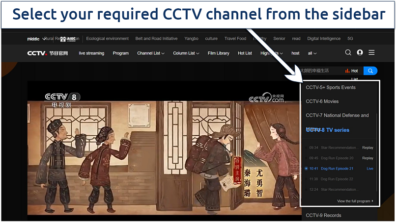 Screenshot showing the live streaming of CCTV-8 on CCTV official website