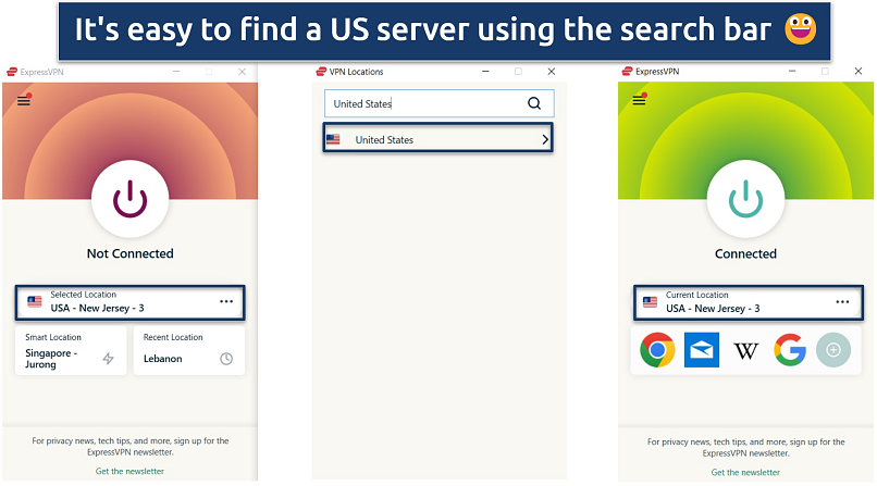 Screenshot showing the app interface of ExpressVPN connected to the USA New Jersey server.