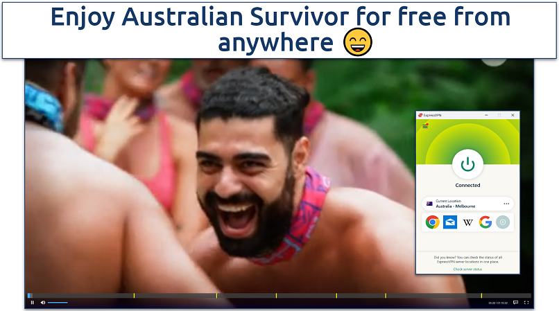 A screenshot showing Australian Survivor playing on 10Play using ExpressVPN