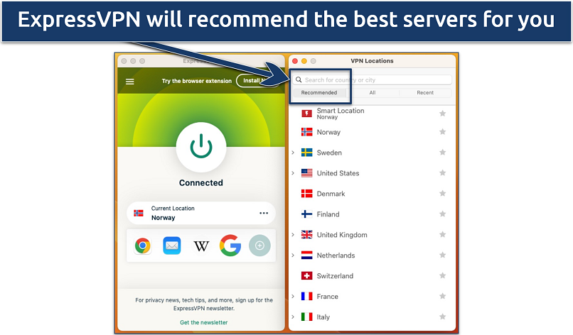 Screenshot of the server list in the ExpressVPN app