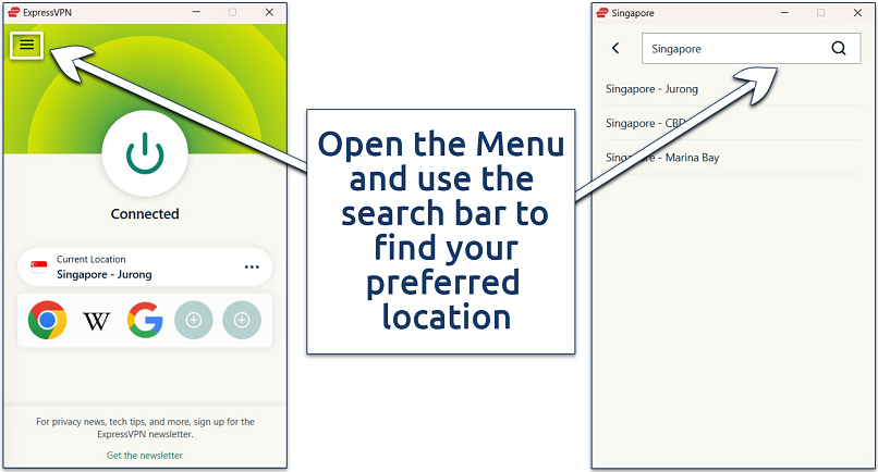 Screenshot of the ExpressVPN Windows app main dashboard and Singapore server list