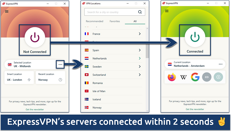 Screengrab showing how to select and connect to an ExpressVPN server