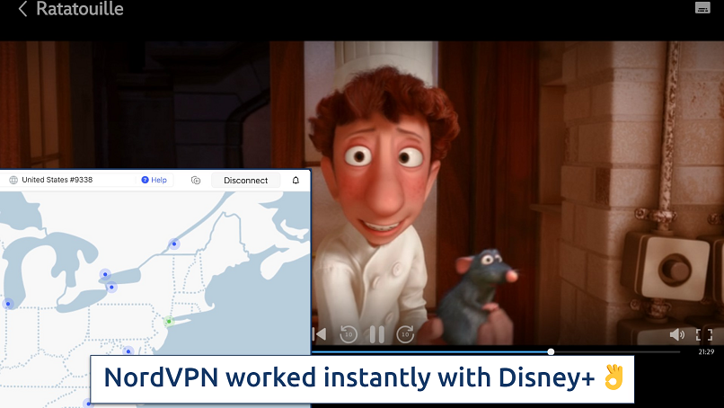 Screenshot showing the NordVPN app connected to a New York server over a browser streaming Disney+