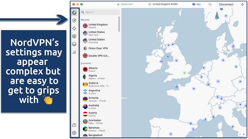 Screenshot showing NordVPN's home view