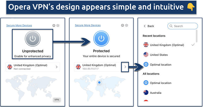 Screenshot showing Opera VPN Pro's simple design