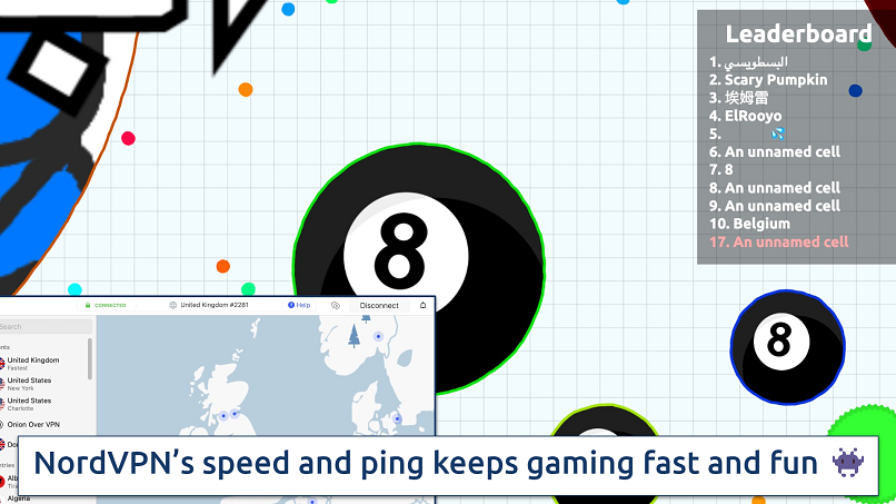 Screenshot showing the NordVPN app over an online game