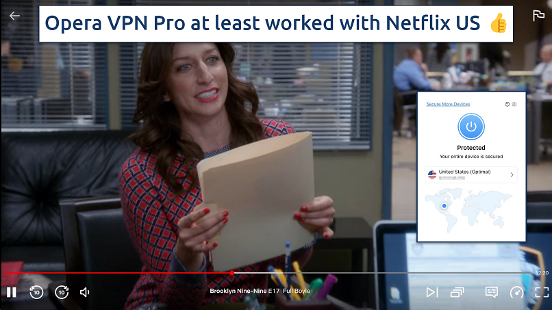 Screenshot showing the Opera VPN Pro app connected to a US server over a browser streaming Netflix