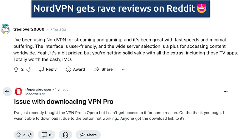 Screenshot showing screenshots of Reddit reviews for NordVPN and Opera VPN Pro