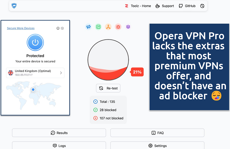 Screenshot showing the Opera VPN Pro app over an ad blocker test tool