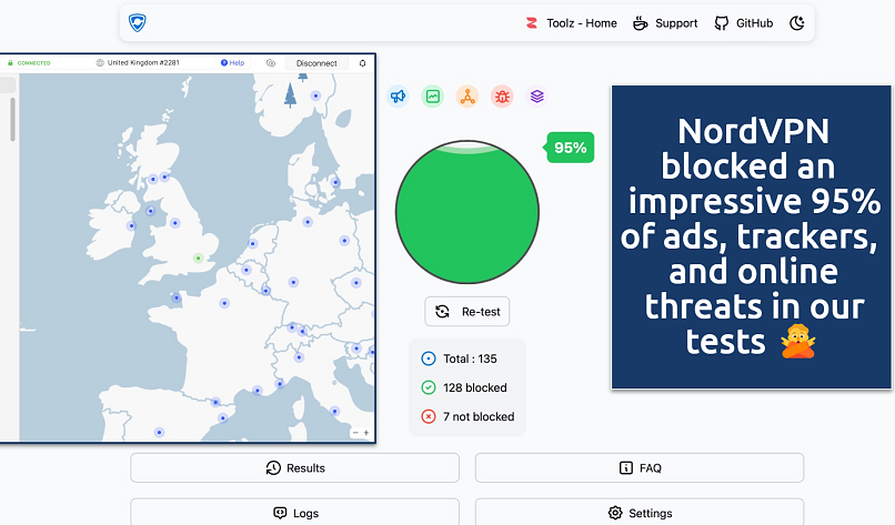 Screenshot showing the NordVPN app over an ad blocker test tool