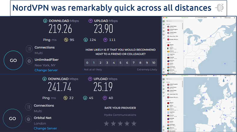 Screenshot showing the NordVPN app alongside speed tests of the US and UK