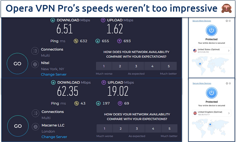 Screenshot showing the Opera VPN Pro app alongside speed tests of the US and UK