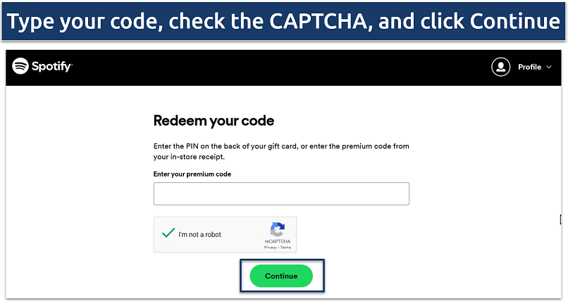 Screenshot showing Spotify redeem code page