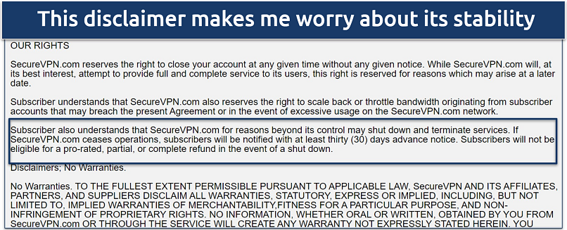 Screenshot of Secure VPN's terms of service disclaimer