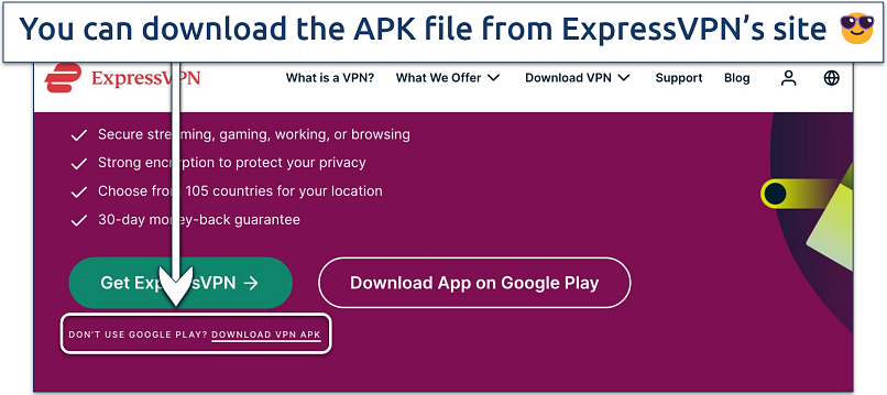 Screenshot showing how to download the APK file from ExpressVPN's site