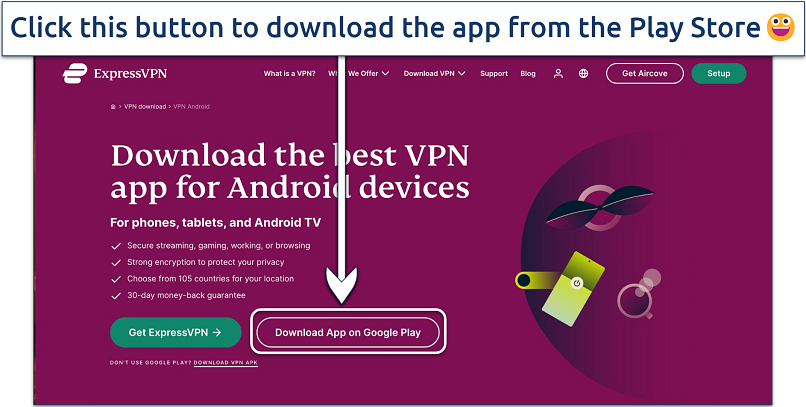 Screenshot showing how to access the ExpressVPN app from the Play Store