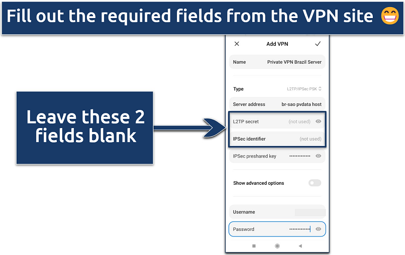 Screenshot showing how to enter VPN configuration into Android's built-in client