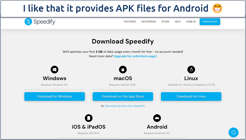 Screenshot of the download page for Speedify 