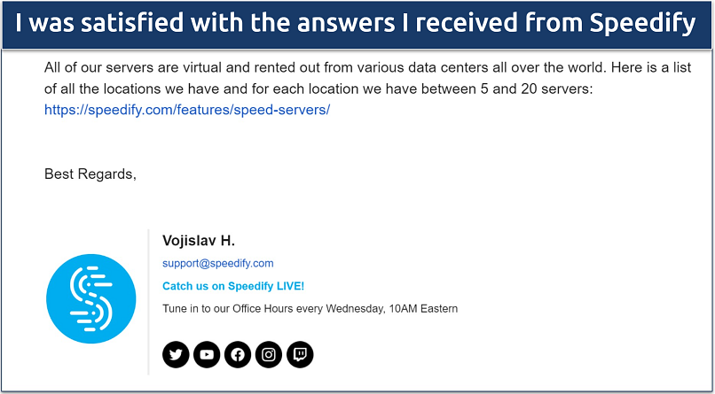 Screenshot of an email from Speedify support where they detail how many virtual servers they have and reveal that they're all rented 