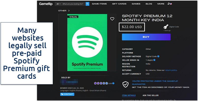 Screenshot showing Gameflip selling Spotify Premium gift cards