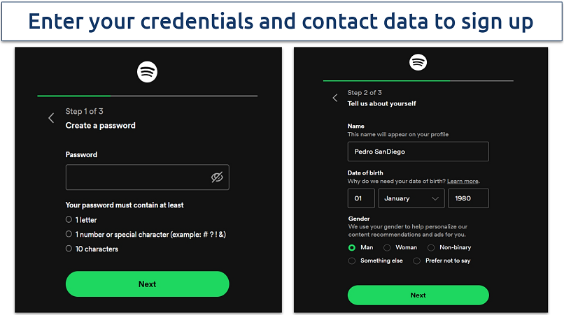 Pictures showing registration on Spotify