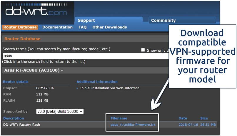 Screenshot showing DD-WRT firmware for Asus