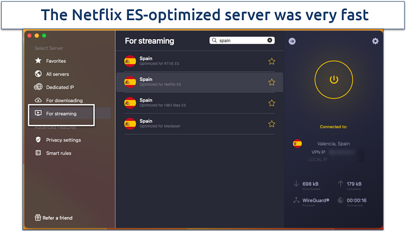 Screenshot of streaming optimized servers for Spain in the CyberGhost app