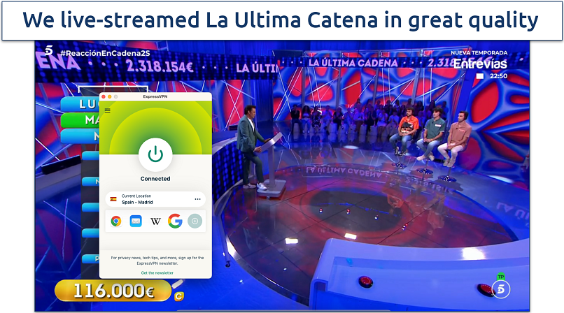 Screenshot of the show La Ultima Catena live streaming on Telecinco with the ExpressVPN app connected to a Spanish server in the background