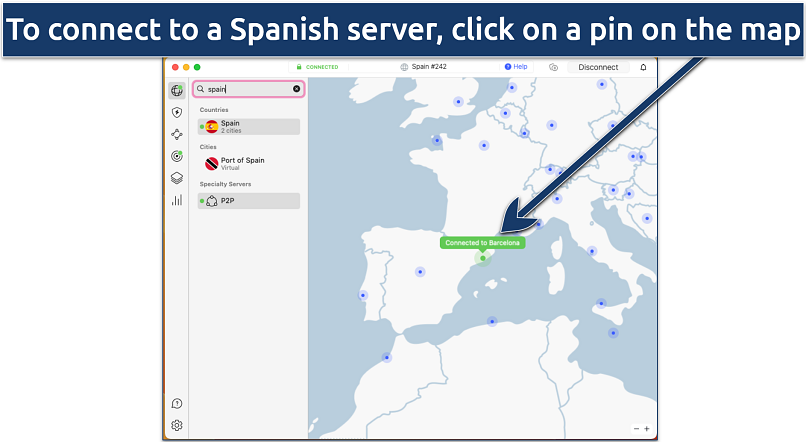 Screenshot of the interactive map in the NordVPN app showing available Spanish servers