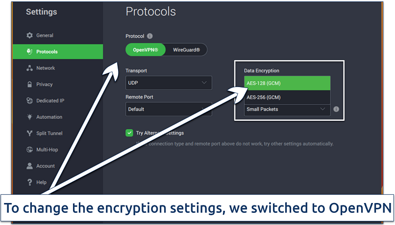 Security protocols settings in the Private Internet Access app