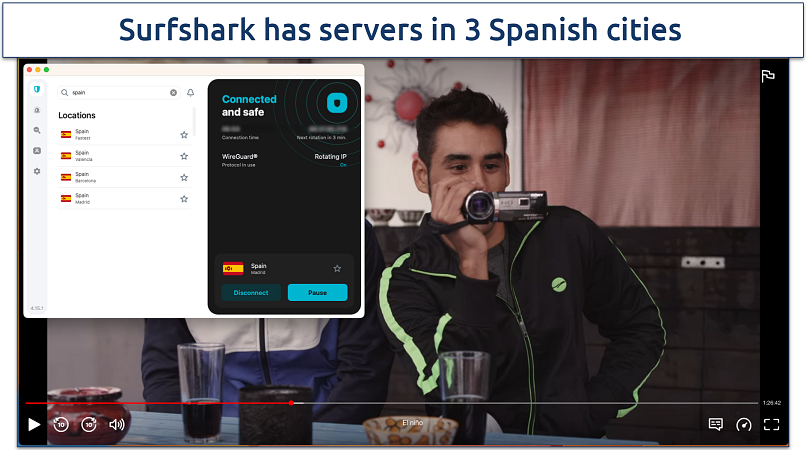 Screenshot of the show El niño streaming on Netflix ES with the Surfshark app connected to a Spanish server in the background