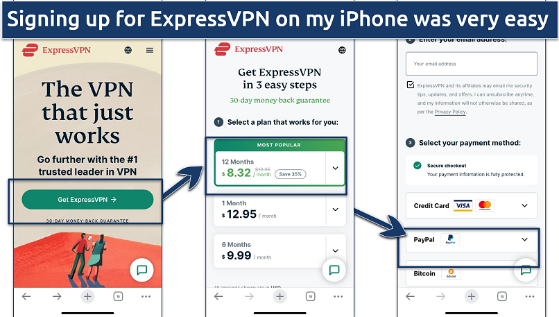 Screenshots of the subscription process in the ExpressVPN iOS app