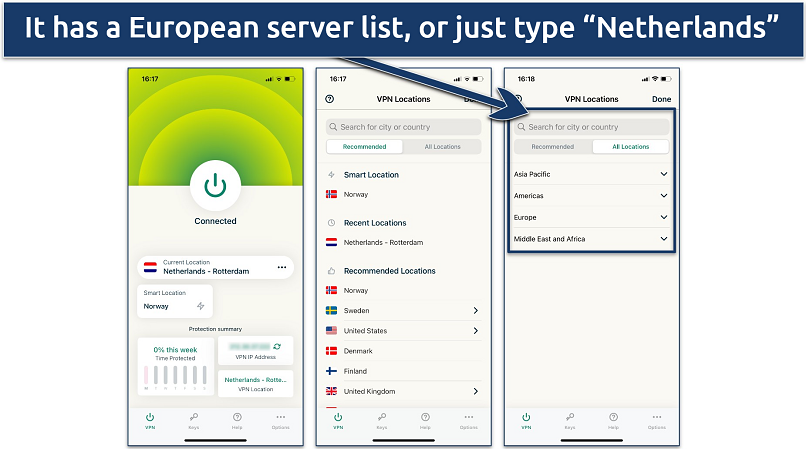 Screenshot of the server list in the ExpressVPN app