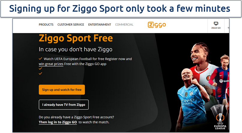 Screenshot of the Ziggo Sport signup page