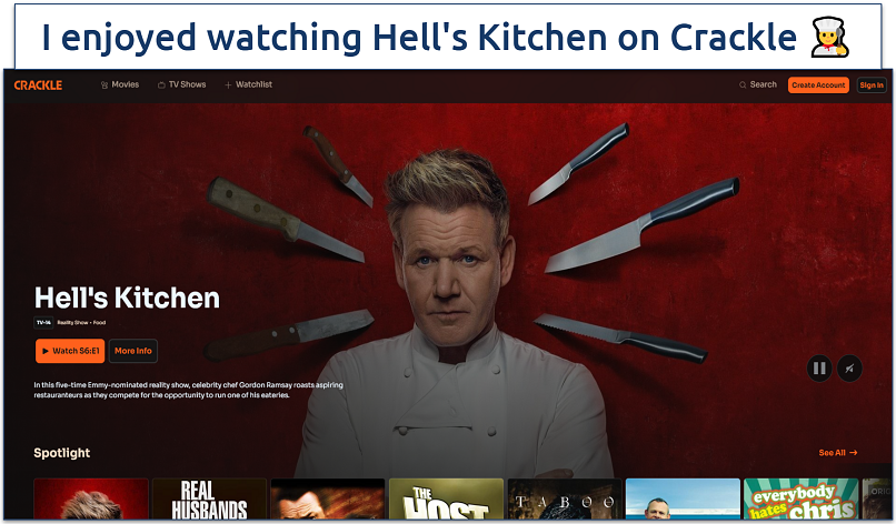 Screenshot of Crackle homepage