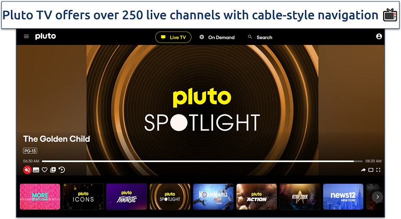 Screenshot of Pluto TV homepage