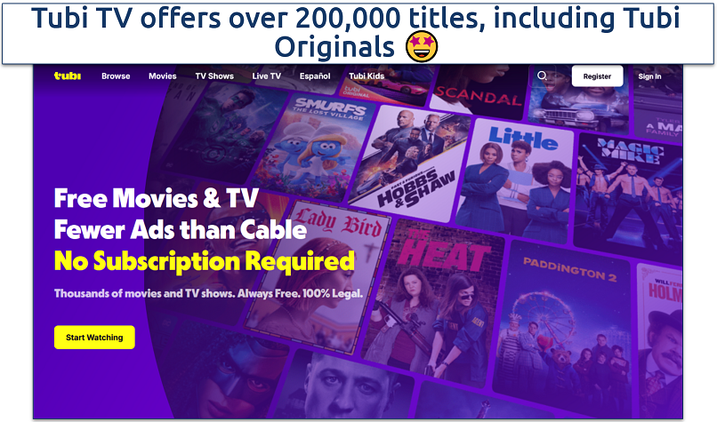 Screenshot of Tubi TV homepage