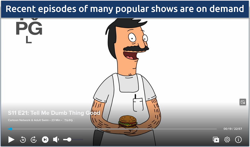 Screenshot of the Sling Freestream player streaming Bob's Burgers