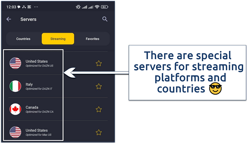 Screenshot showing the streaming-optimized servers available on CyberGhost's Android app