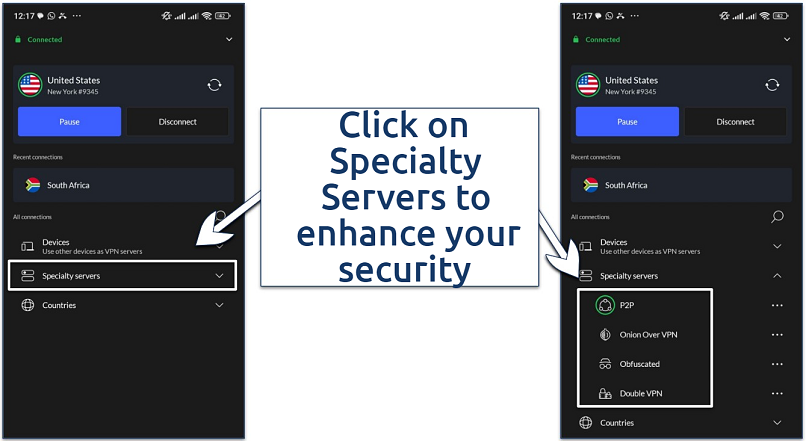 Screenshot showing the specialty servers on NordVPN's Android app