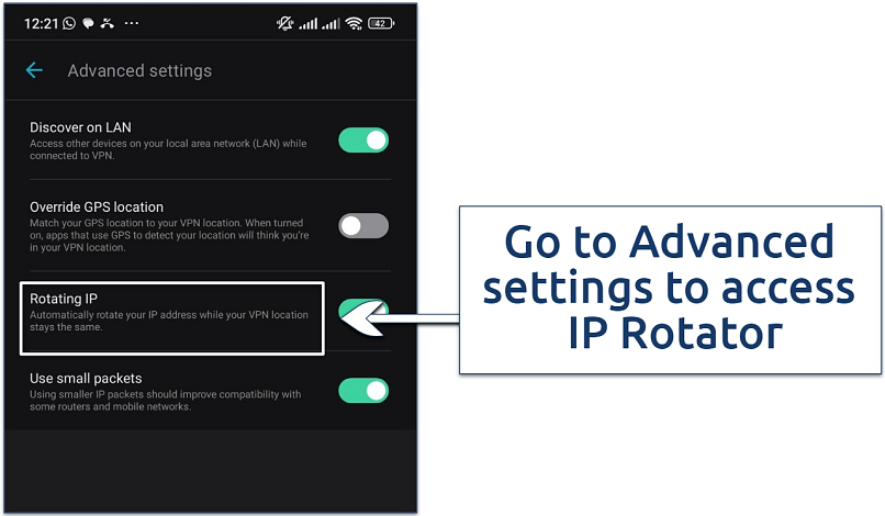 Screenshot showing the advanced settings on Surfshark's Android app