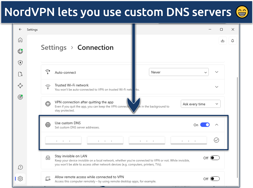 Screenshot showing how to change DNS server address on the NordVPN Windows app