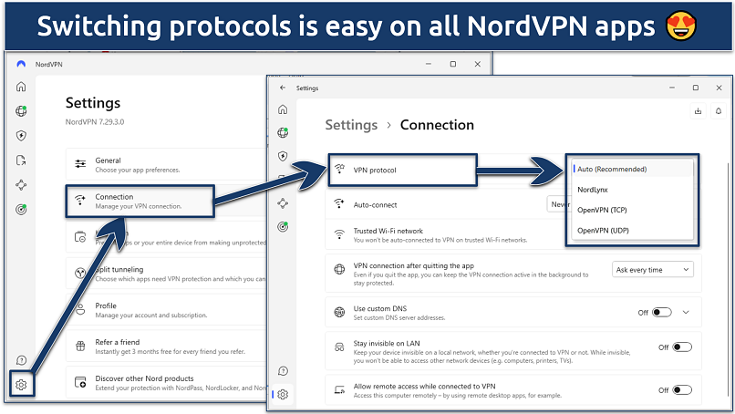 Screenshot showing how to switch between different protocols on the NordVPN app