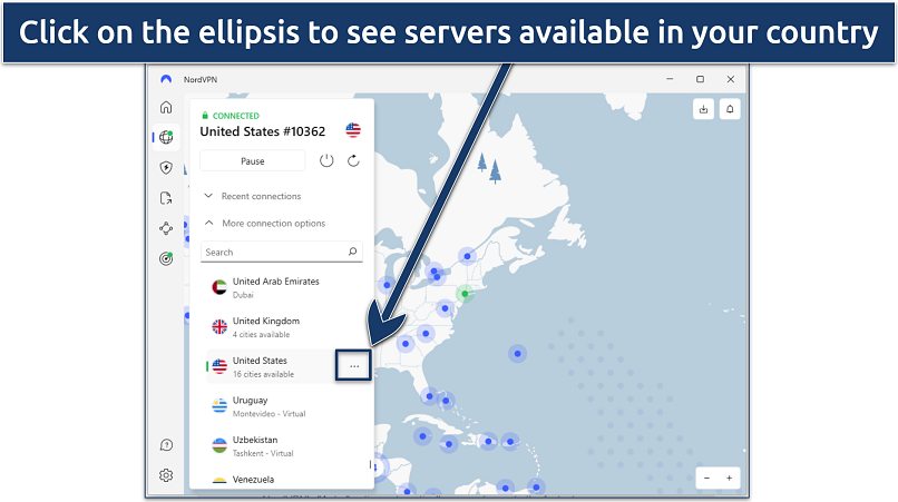 Screenshot showing how to find different servers on the NordVPN app