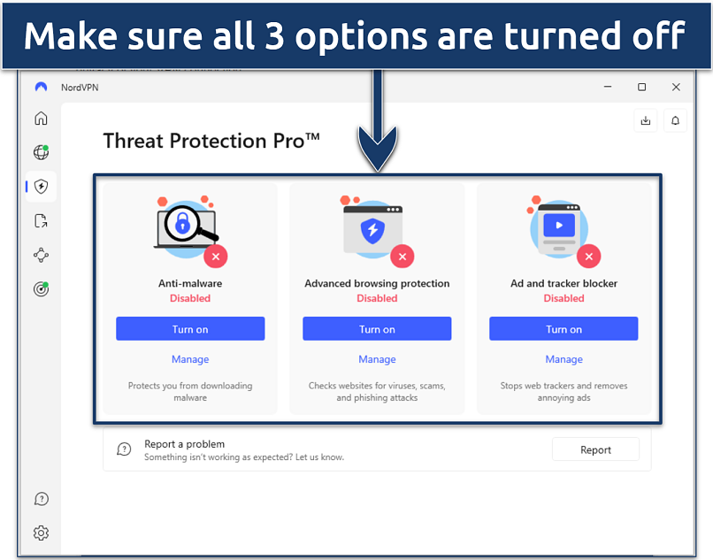 Screenshot showing how to turn off Threat Protection Pro on the NordVPN Windows app